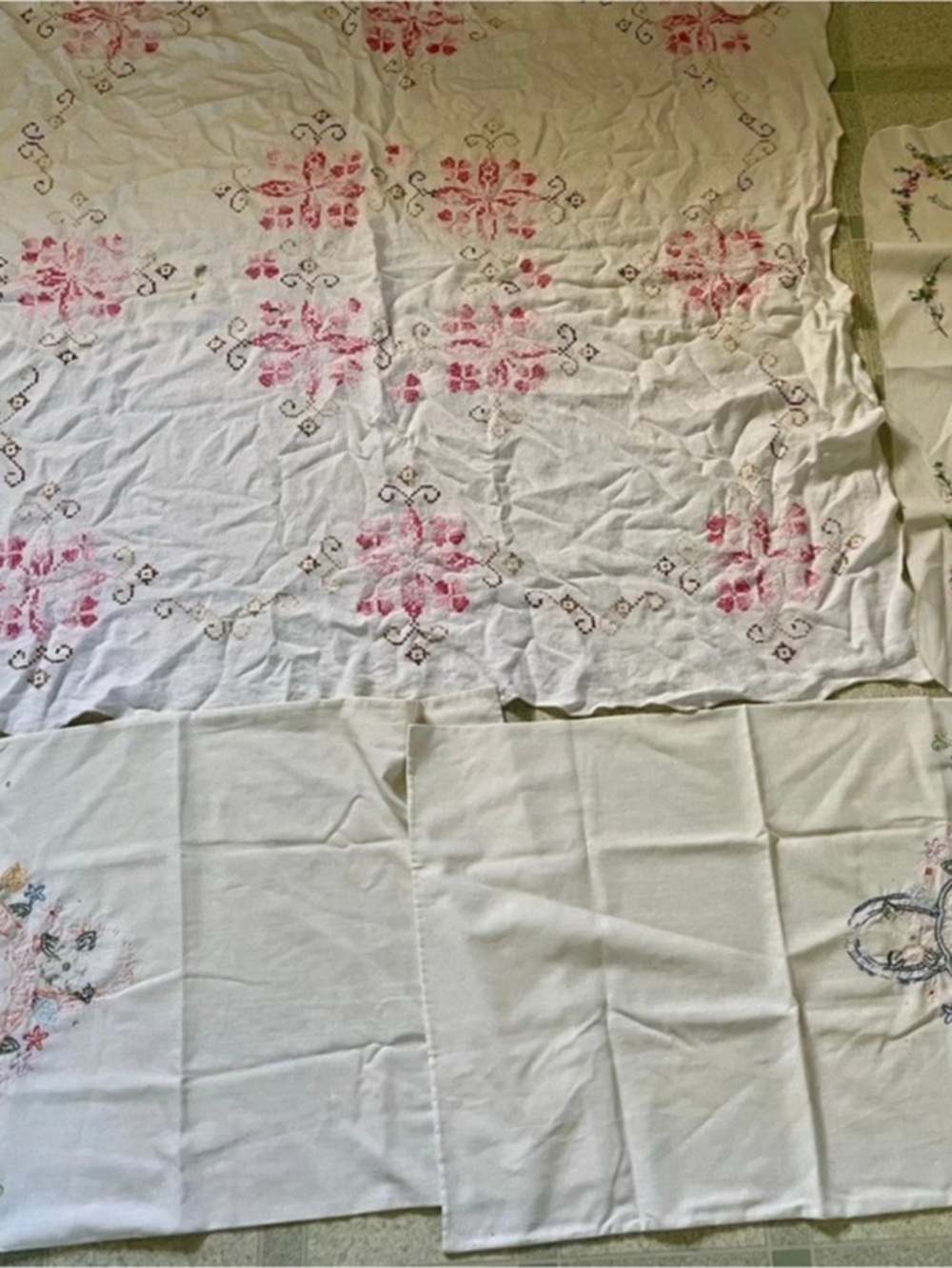 Lot of 7 Vintage Hand-Embroidered Linens, His & Hers Pillowcases, Doily’s Etc
